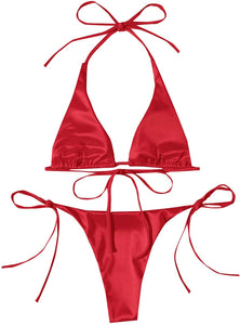 2023 Bright Surface Sexy Women Triangle Thong Lace-up Swimsuit Split Hanging Neck Gyaru Beauty Black Beach Bikini
