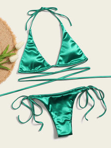 2023 Bright Surface Sexy Women Triangle Thong Lace-up Swimsuit Split Hanging Neck Gyaru Beauty Black Beach Bikini