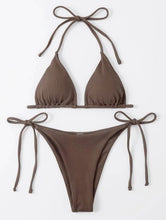 Load image into Gallery viewer, Lace-up Hanging Neck Three-Point Bikinis Pure Ribbon Chest Pad Triangle Bag Swimsuit European and American Sexy Thong Bikini

