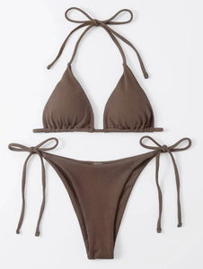 Lace-up Hanging Neck Three-Point Bikinis Pure Ribbon Chest Pad Triangle Bag Swimsuit European and American Sexy Thong Bikini