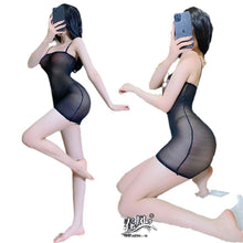 Load image into Gallery viewer, Women's sexy sexy lingerie see-through open crotch tight one-piece nightdress stockings full body black silk temptation home pajamas
