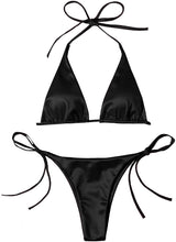 Load image into Gallery viewer, 2023 Bright Surface Sexy Women Triangle Thong Lace-up Swimsuit Split Hanging Neck Gyaru Beauty Black Beach Bikini

