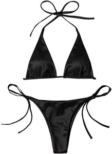 2023 Bright Surface Sexy Women Triangle Thong Lace-up Swimsuit Split Hanging Neck Gyaru Beauty Black Beach Bikini