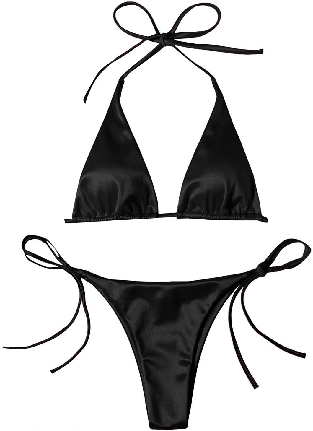 2023 Bright Surface Sexy Women Triangle Thong Lace-up Swimsuit Split Hanging Neck Gyaru Beauty Black Beach Bikini
