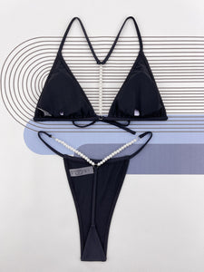 2023 European and American Sexy bikini Pearl Chain Solid Swimsuit Gyaru Seaside Thong Split Bikini Swimsuit