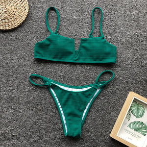 201 European and American Ladies Hot Bikini Big V Solid Color Two-Piece Swimsuit Women's Sexy Satanbikini