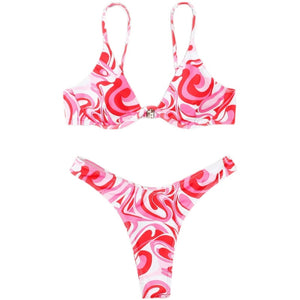 Hot Spring Gyaru Bikinis Underwire Push up Small Bust Swimsuit Set Print Thong Swimsuit Women European and American Bikini