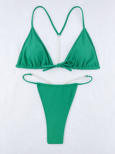2023 European and American Sexy bikini Pearl Chain Solid Swimsuit Gyaru Seaside Thong Split Bikini Swimsuit