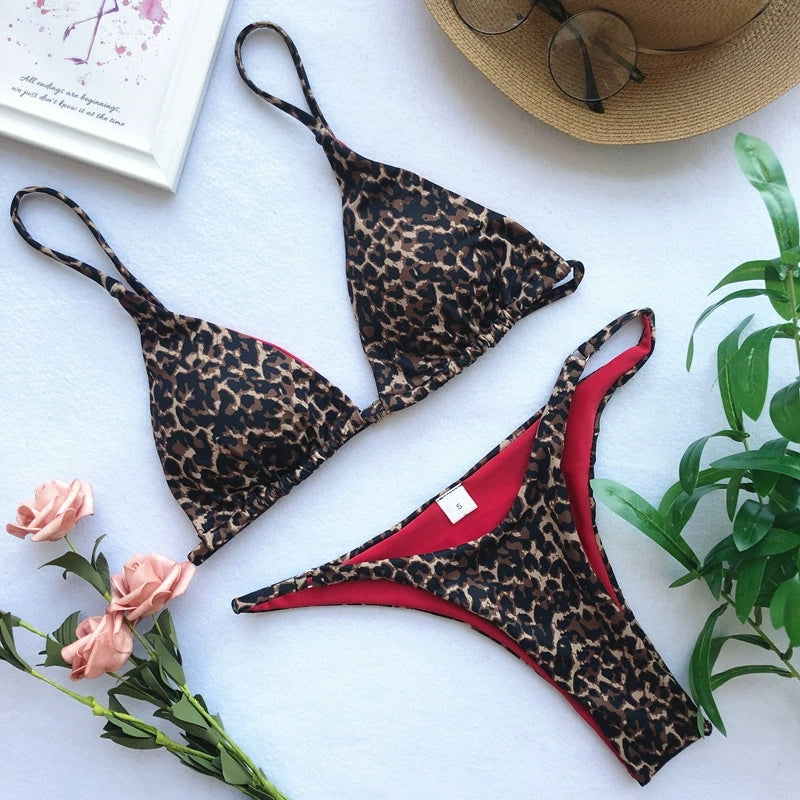 European and American Ins Gyaru Three-Point Bikinis Print Leopard Print Split Swimsuit Sexy Thong Swimsuit Bikini