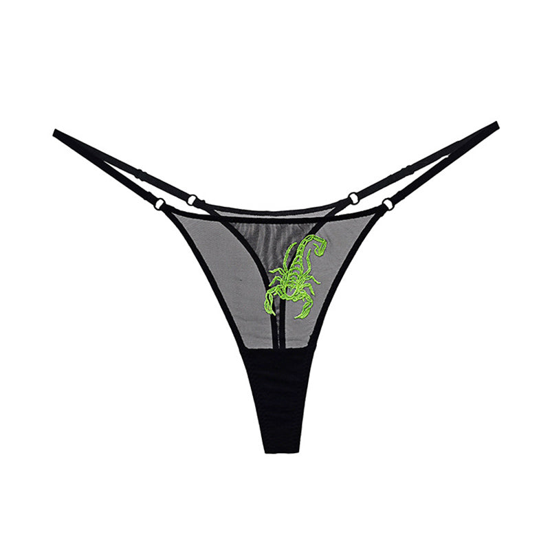 Fashion Cool Sexy Gauze Transparent Scorpion Fluorescent Embroidery Large Size Thin Belt T-Shaped Panties Sexy Stylish Women's T-Back