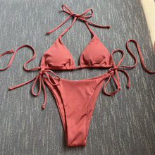 Load image into Gallery viewer, Lace-up Hanging Neck Three-Point Bikinis Pure Ribbon Chest Pad Triangle Bag Swimsuit European and American Sexy Thong Bikini
