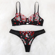Load image into Gallery viewer, Foreign Trade Supply European and American New Sexy Lingerie Sexy Ladies Mesh See-Through Heart Three-Point Sexy Suit
