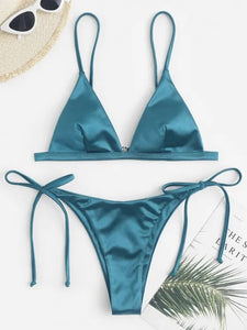 Online Celebrity Ins Style Gyaru Swimsuit Lace-up Hanging Neck Three-Point Bikinis Solid Simple Split Swimsuit Bikini