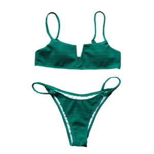 201 European and American Ladies Hot Bikini Big V Solid Color Two-Piece Swimsuit Women's Sexy Satanbikini