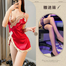 Load image into Gallery viewer, New sexy lingerie Ice Silk sexy nightdress lace slit seductive suspender dress backless breast-breaking home wear
