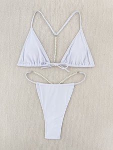 2023 European and American Sexy bikini Pearl Chain Solid Swimsuit Gyaru Seaside Thong Split Bikini Swimsuit