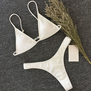 2020 European and American New Solid Sunken Stripe Three-Point Bikinis Sexy Thong Swimsuit Beach Vacation Bikini