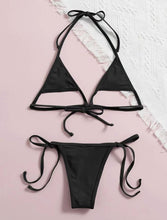 Load image into Gallery viewer, European and American Gyaru Three-Point Bikinis Black Lace-up Hanging Neck Triangle Bag Hollow out Swimsuit Women Thong Bikini

