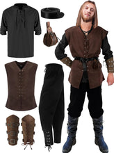 Load image into Gallery viewer, 6 Pcs Men&#39;s Halloween Renaissance Costume Set Medieval Vest Shirt Ankle Banded Pants Viking Belt Armband Pouch
