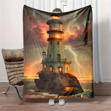 Load image into Gallery viewer, Lighthouse Ocean Theme Printed Flannel Blanket - Polyester, Digital Print, Reversible, All-Season, Non-Woven, Contemporary Style
