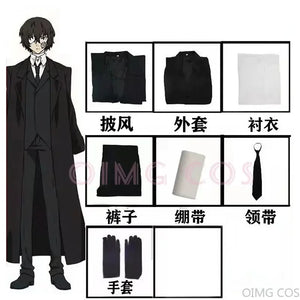 Dazai Osamu Cosplay Costume Bungo Stray Dogs Man and Woman Trench Coat Black Uniform Suits Unisex Wig Accessories