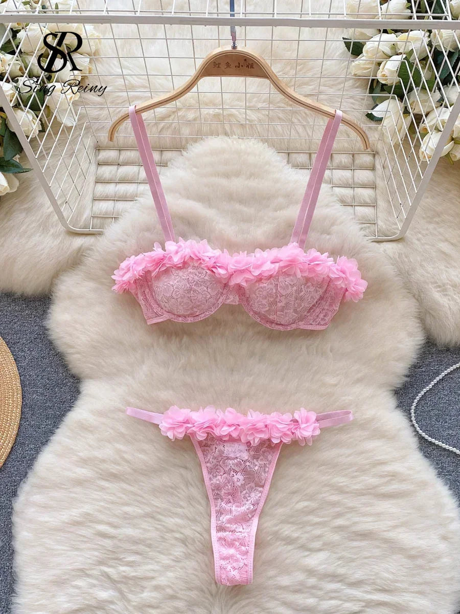 New Sensual Mesh Lace Lingerie Three Pieces Sets Women Floral Strap Mini Bra+Thongs Hollow Out Sexy Underwear Suits