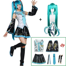 Load image into Gallery viewer, Miku Cosplay Full Set Silver Leather Fabric Suit Miku Cosplay Headwear Costume Outfit JK Sailor Dress High School Uniform Wig
