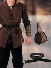 Load image into Gallery viewer, 6 Pcs Men&#39;s Halloween Renaissance Costume Set Medieval Vest Shirt Ankle Banded Pants Viking Belt Armband Pouch
