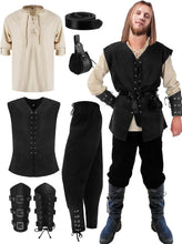 Load image into Gallery viewer, 6 Pcs Men&#39;s Halloween Renaissance Costume Set Medieval Vest Shirt Ankle Banded Pants Viking Belt Armband Pouch
