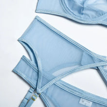 Load image into Gallery viewer, 3pcs Ladies Sexy Solid Sensual Lingerie Set Mesh Underwear Women Push Up Bra Garters Brief Sets Transparent Blue Bra
