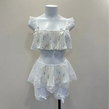 Load image into Gallery viewer, Sexy Underwear Strapless Bra &amp; Brief Lingerie Three-piece Set Women&#39;s Pajamas Silk Lace Ruffles with Chest Pad Floral Printing
