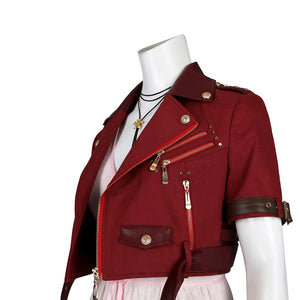 Game FF7 Adult Aerith Gainsborough Costume Cosplay Final Fantasy Remake Halloween Outfit Fancy Women Red Jacket Pink Dress