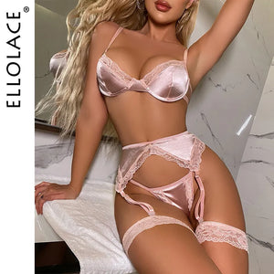 Ellolace Wetlook Lingerie Lace Patchwork Fancy Underwear Women Uncensored Push Up Bra Erotic Intimate 4-Piece Garter Belt Set