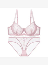 Load image into Gallery viewer, Designer Pure Desire Lingerie French Embroidered Lace Set Minimizing Full Bust Luxury Noir Niche Wedding Gift Unlined Bra Panty
