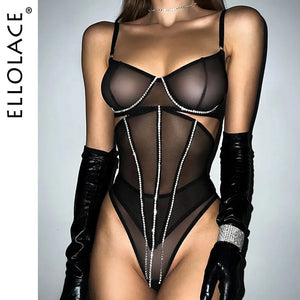 Ellolace Rhinestone Lingerie With Waistband Sheer Lace Sensual Underwear Glitter Tassels Naked Women Uncensored Sexy Intimate