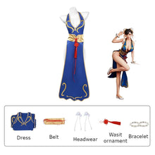 Load image into Gallery viewer, Cosplay Dress Blue Halter Neck High Slit Cheongsam Feminine Halter Neck Street Fighter Game Costume Halloween
