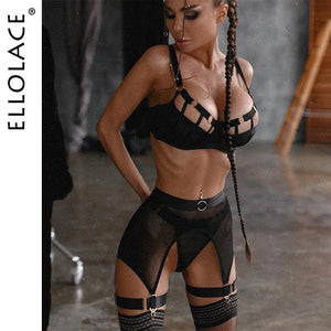 Ellolace Sexy Hot Lingerie Luxury Hollow Out Exotic Sets With Garters Half Cup See Through Transparent Bra Underwear Women Set