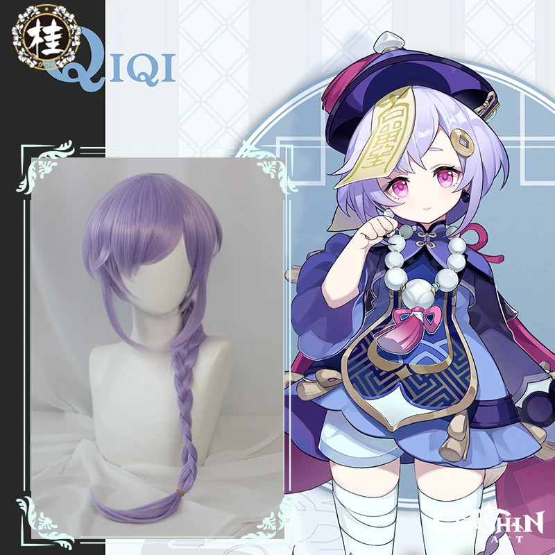 IN STOCK UWOWO Game Genshin Impact Qiqi Pharmacist Cosplay Wig Icy Resurrection 85cm Light Purple Braided Hair