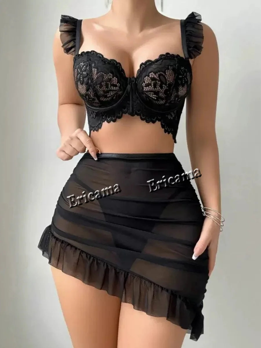 Hot Sexy Crotchless Lingerie Women Lace Hollow Bodysuit Exotic Pajamas Teddy Babydoll Dress Deep V Open Bra Porno Underwear Set