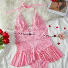 Load image into Gallery viewer, Hot Sell Crotchless Sexy Lingerie Women Lace Hollow Bodysuit Teddy Babydoll Dress Deep V Open Bra Erotic Underwear SET
