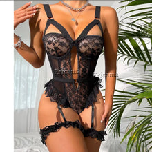 Load image into Gallery viewer, Hot Contrast Lace Teddy Sexy Lingerie Set Lettuce Trim Heart Decor Cut Out Strappy Thong Bodysuit Women&#39;s Erotic Lingerie
