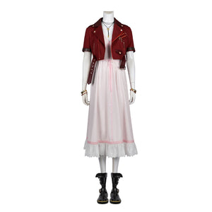 Game FF7 Adult Aerith Gainsborough Costume Cosplay Final Fantasy Remake Halloween Outfit Fancy Women Red Jacket Pink Dress