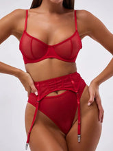 Load image into Gallery viewer, Women Lingerie Set with Garter Belts Sexy Bra and Panty Set See through mesh sheer Lingerie set sexy red
