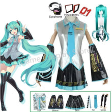 Load image into Gallery viewer, Miku Cosplay Full Set Silver Leather Fabric Suit Miku Cosplay Headwear Costume Outfit JK Sailor Dress High School Uniform Wig
