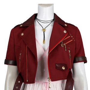 Game FF7 Adult Aerith Gainsborough Costume Cosplay Final Fantasy Remake Halloween Outfit Fancy Women Red Jacket Pink Dress