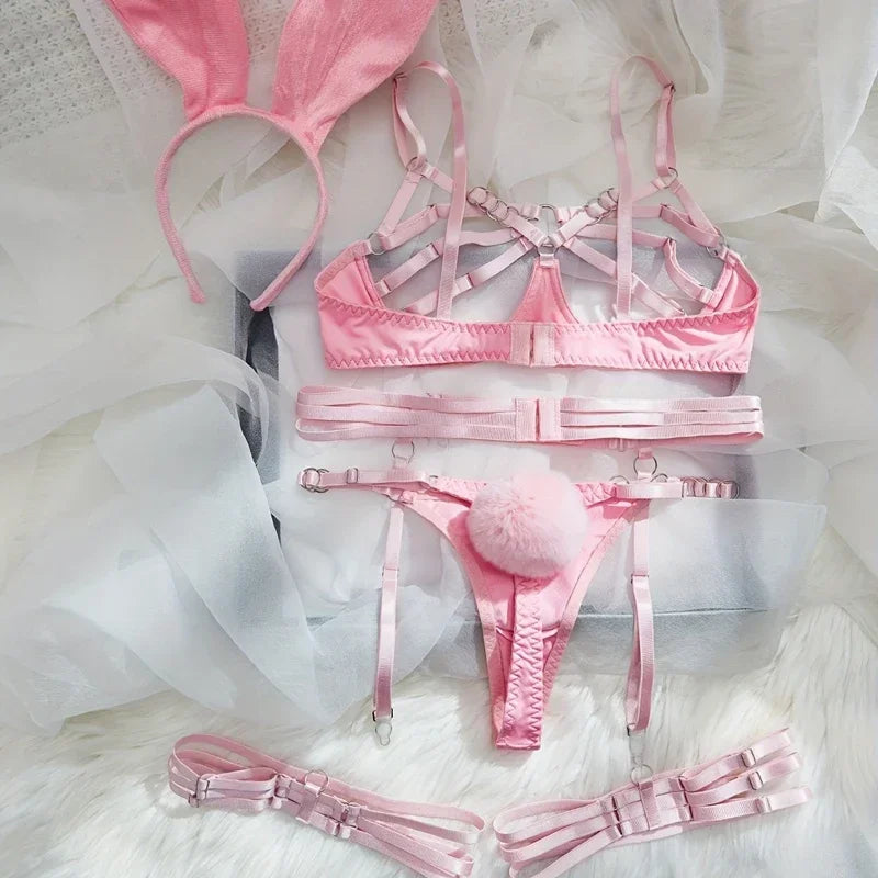 Bunny Girl Sexy Lingerie Set For Women Hollow Out See-Through Straps Patchwork Sexy Bunny Headband Lingerie Bra Set