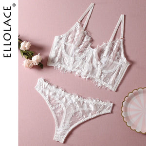 Ellolace Sexy Lingerie Transparent Bra Set Women 2 Piece Lace Underwear White Sensual Wedding Intimate Porn Erotic Outfits