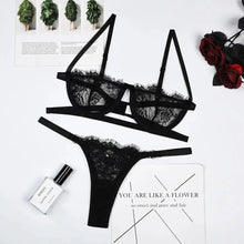 Load image into Gallery viewer, 2 Pieces Sexy Lingerie Fancy Lace Erotic Set Transparent Underwear Fairy Embroidery Brief Sets Delicate Bra  Push Up Breves Kit
