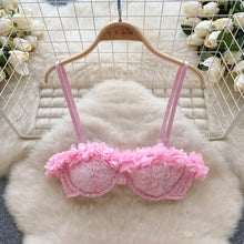 Load image into Gallery viewer, New Sensual Mesh Lace Lingerie Three Pieces Sets Women Floral Strap Mini Bra+Thongs Hollow Out Sexy Underwear Suits

