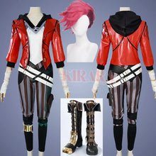 Load image into Gallery viewer, Vi Acrane Cosplay Costume Game Arcane Vi Red Wig Leather Jacket Halloween Carnival Outfits Vi Shoes Boots
